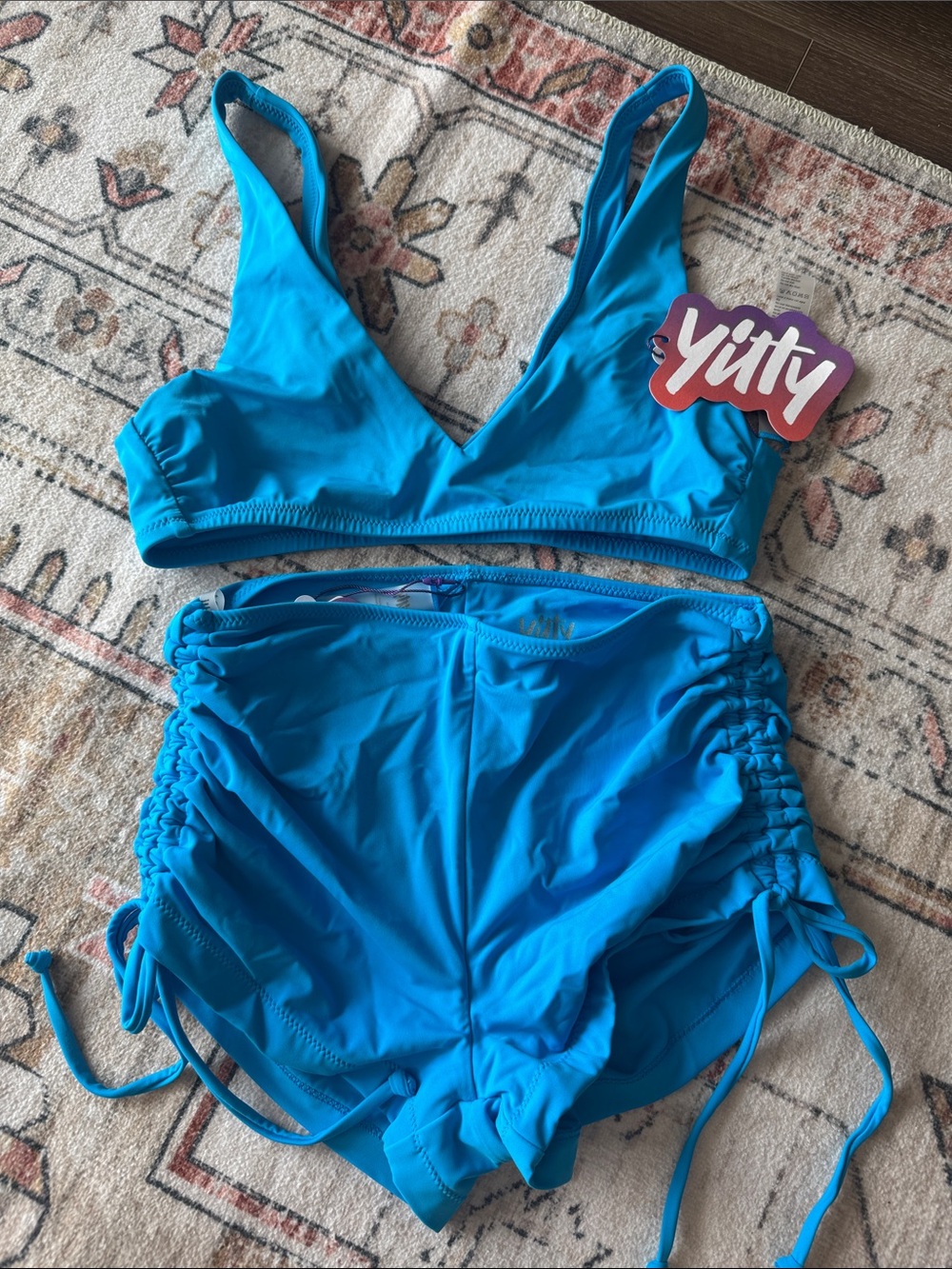 YITTY Bright Blue V-Neck Bikini Top with High-Waist Ruched Bottoms